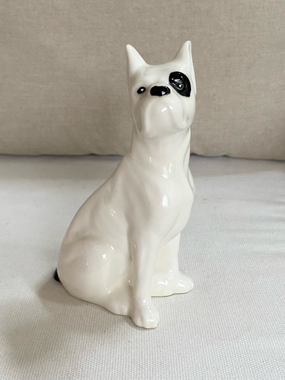 Vintage White Boxer Dog Ceramic Figurine 6.5” Seated Black Eye Patch Mid Century
